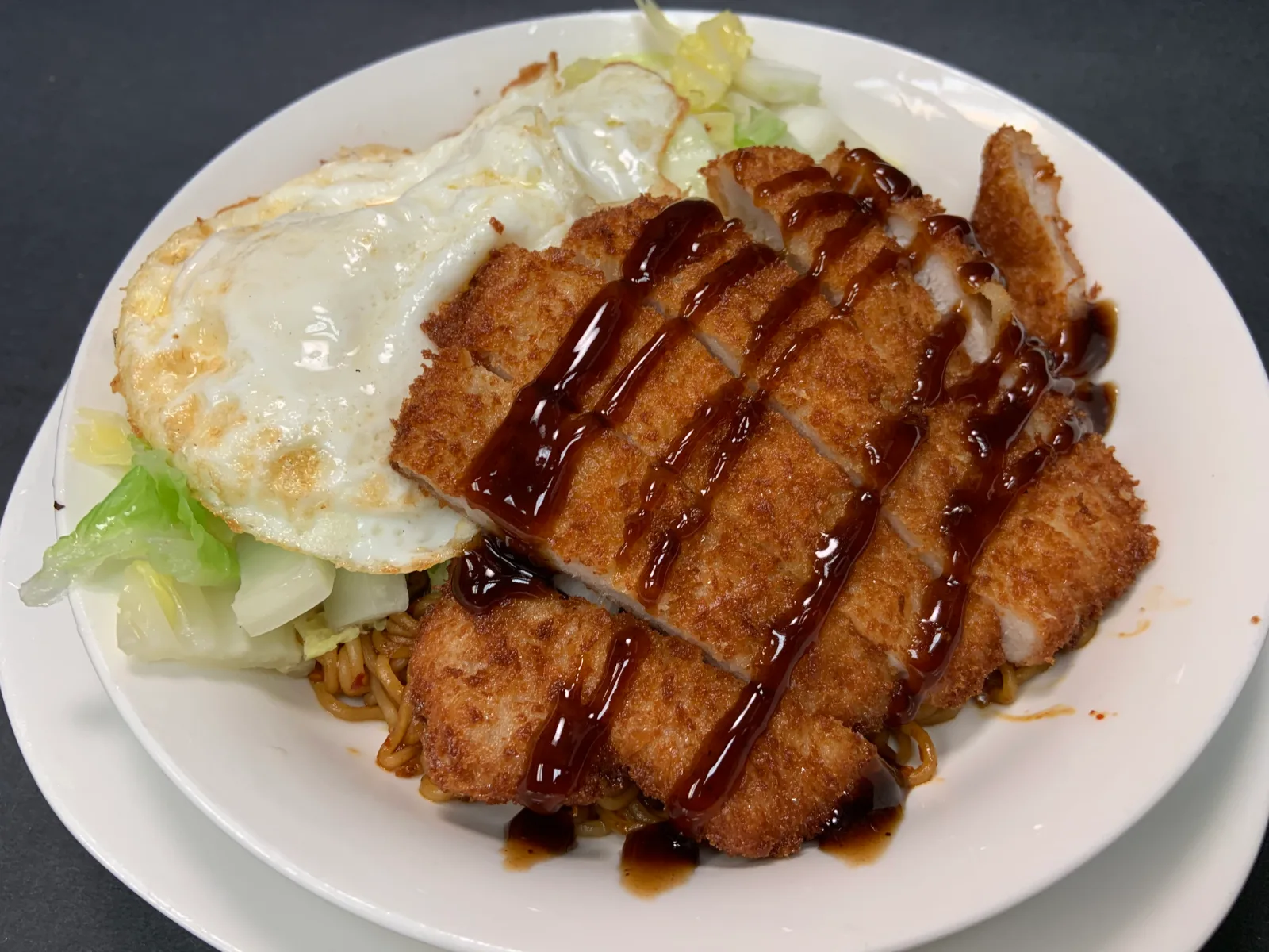 Crispy Cutlet Pork Chop & Egg Tossed Noodles