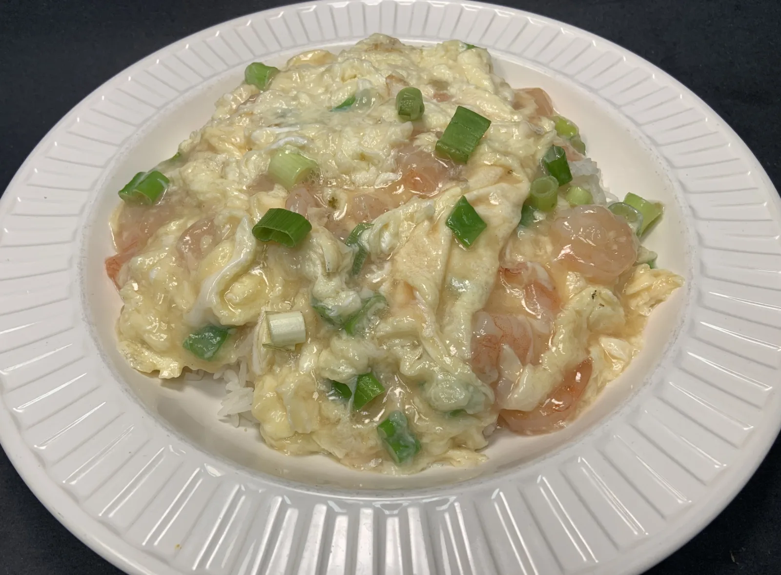 Shrimp with Fluffy Swirled Egg on Rice