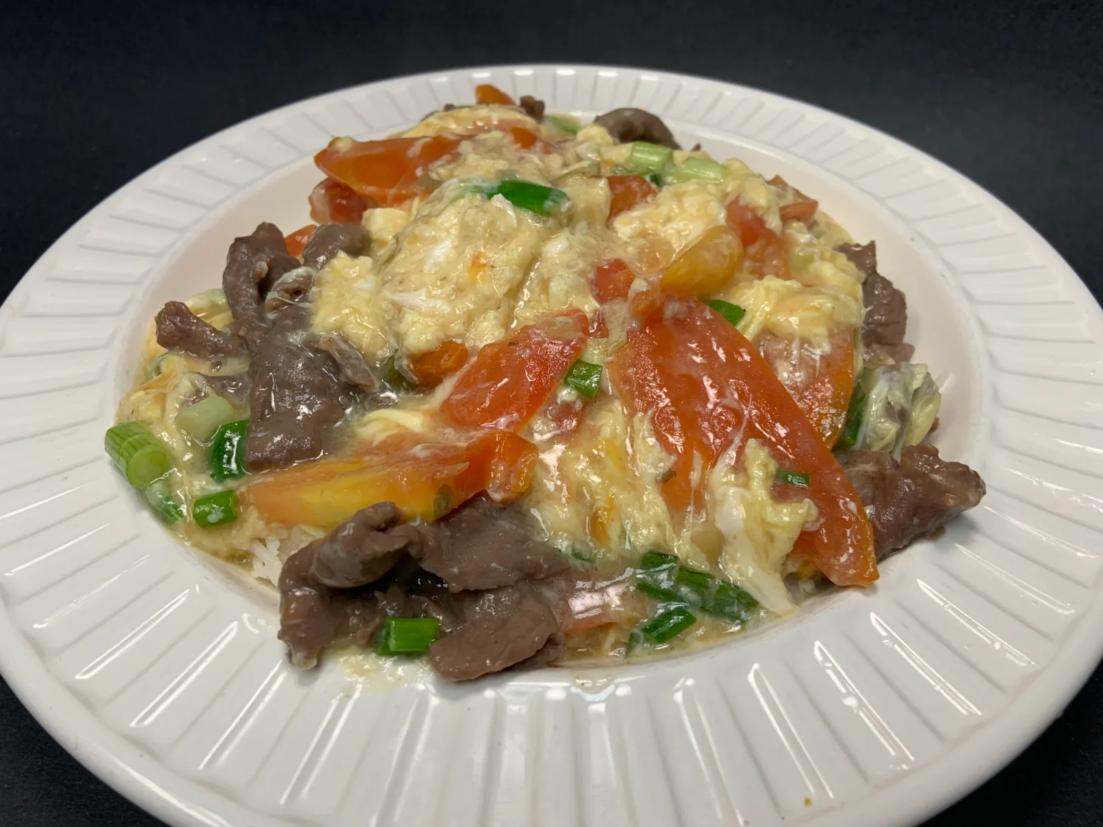 Sliced Beef & Tomato with Fluffy Swirled Egg on Rice